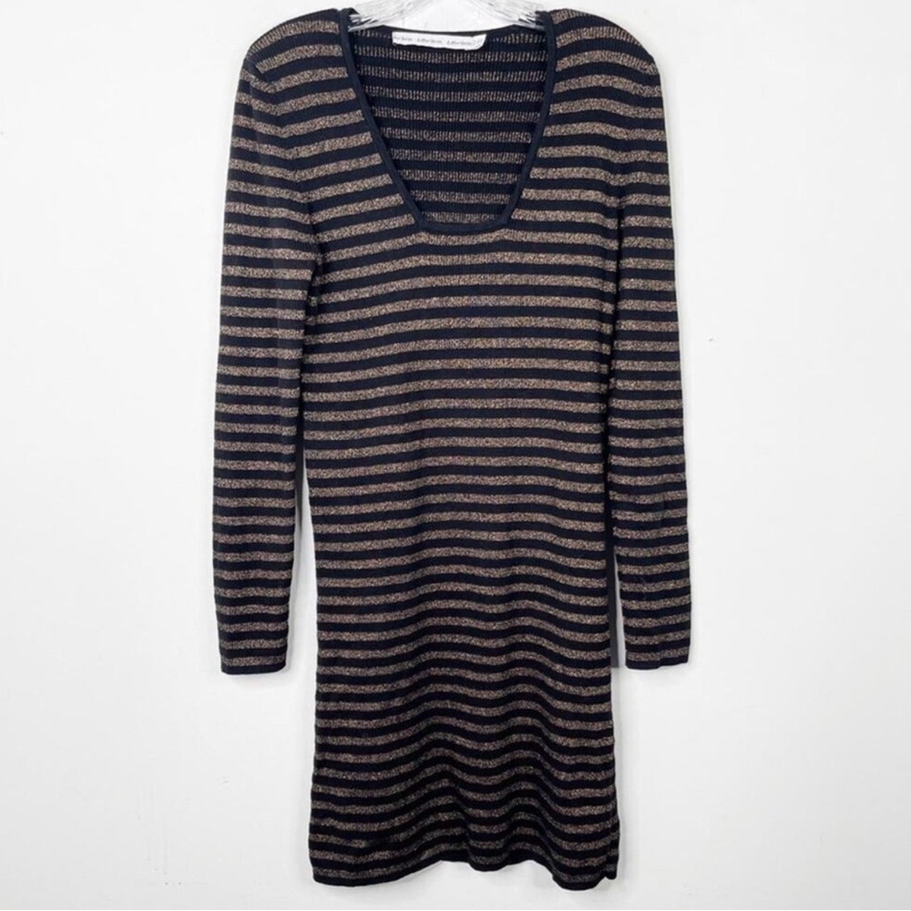 & OTHER STORIES Black and Copper Gold Striped Square Neck Knit Sweater Dress M - Picture 2 of 4